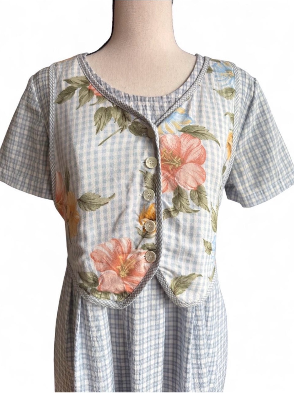 Vintage 90s Pellini Gingham Dress Floral Vest A-Line Cottagecore Coquette Blue S
